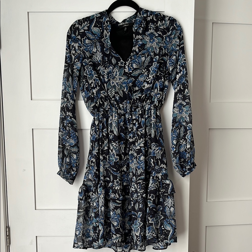 Mavi White and Blue Tiered Sundress V-Neck Bishop Sleeve